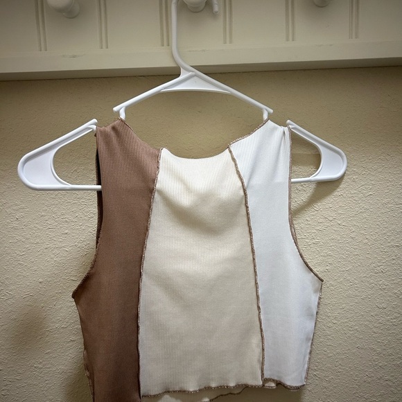 White and Cream Asymmetrical Crop Tank Top - Picture 2 of 2